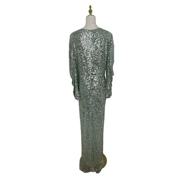 Mac Duggal 5638 Seafoam Green Sequins High Slit Bishop Sleeve Gown Size 12 $598 - Picture 5 of 6